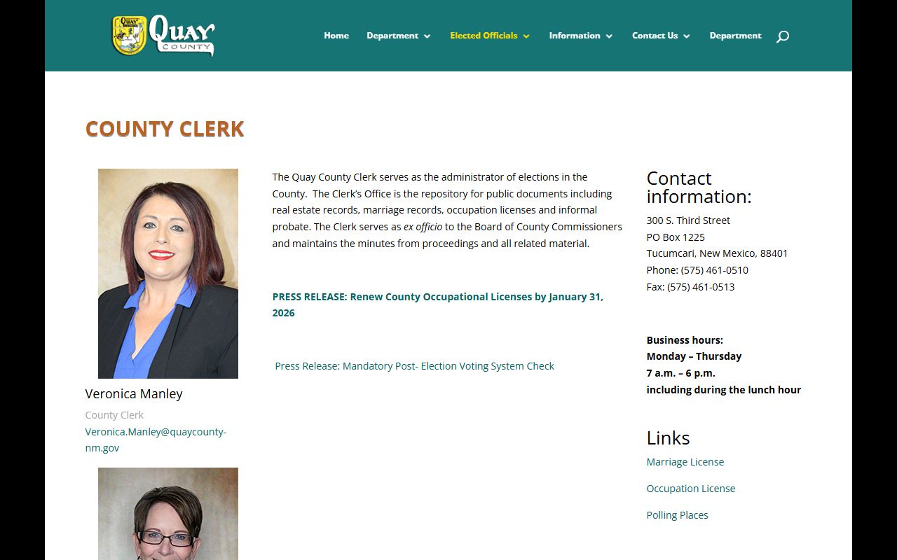 Quay County Clerk page with contact information and public records notice