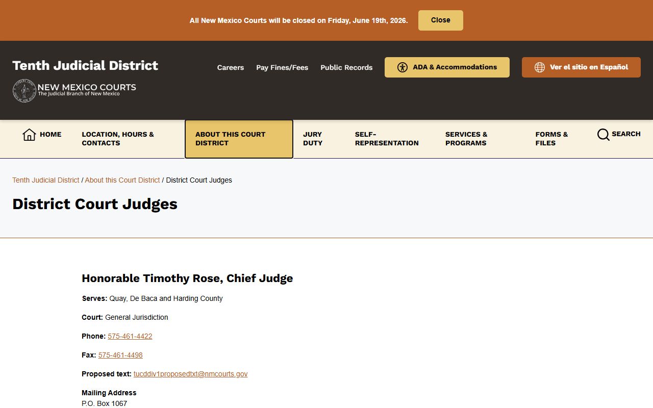 Quay County court dockets Tenth Judicial District judges