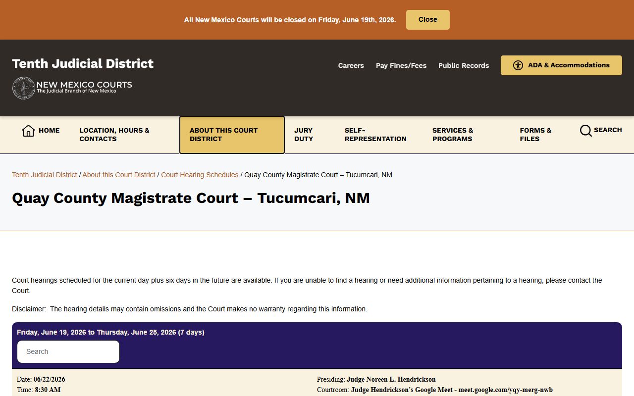 Quay County court dockets Magistrate Court schedule
