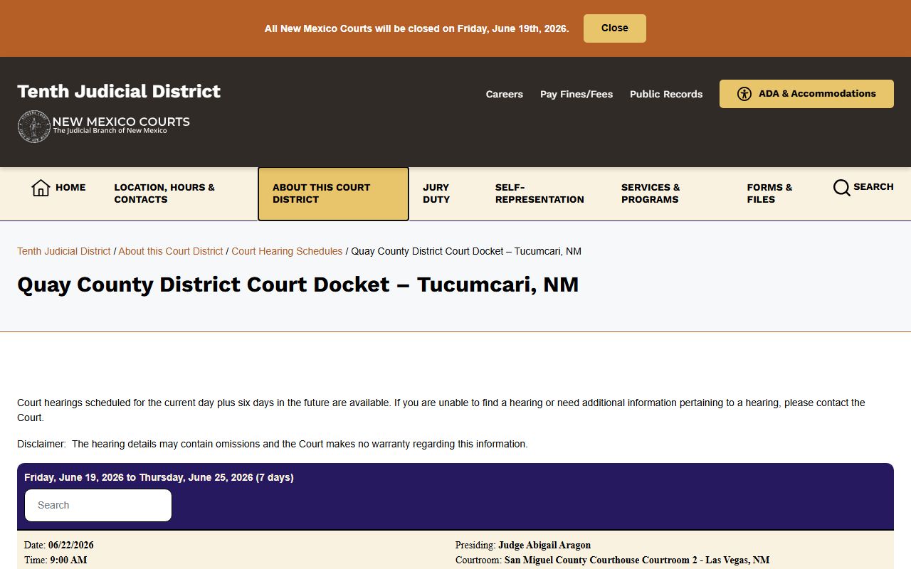 Quay County court dockets District Court schedule