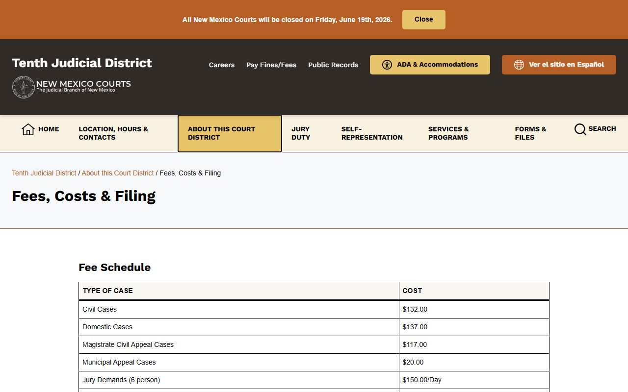 Quay County District Court Tenth Judicial District fee schedule