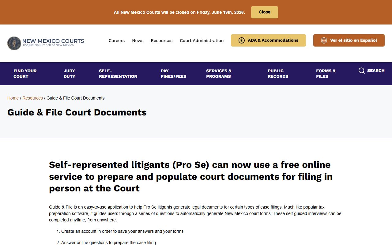 New Mexico Guide and File page for court documents